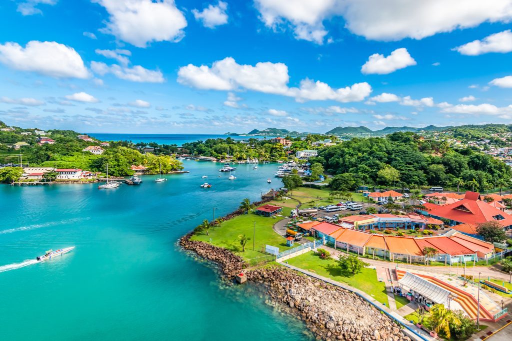 Aerial view of port Castries with duty free shops. Popular for cruise passengers. Saint Lucia, Caribbean Island.